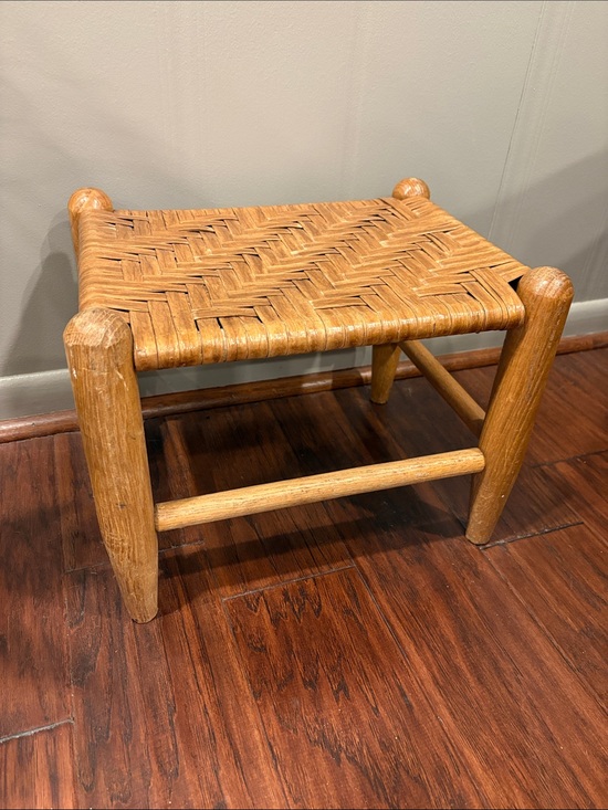 Other - VTG Rustic Wood Footstool w/ Hand Woven Seat Primitive Shaker Style Small Bench